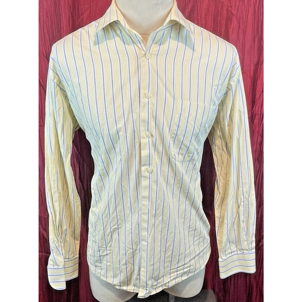 Mens Alan Flusser Yellow/Blue/White Striped Cotton LS Casual Shirt sz Lg
